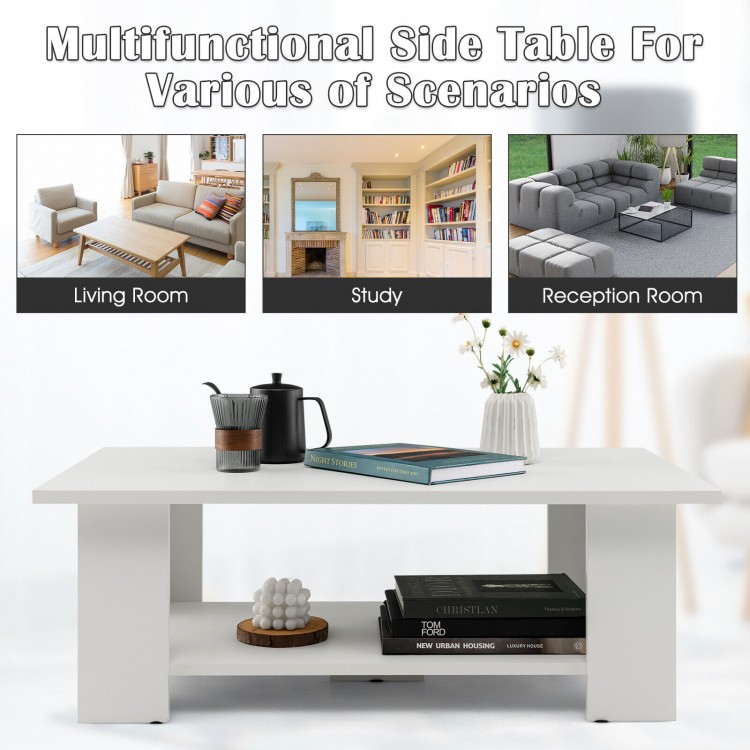 Large 36-inch wooden coffee table with two-tier storage shelf, ideal for living rooms and versatile settings.